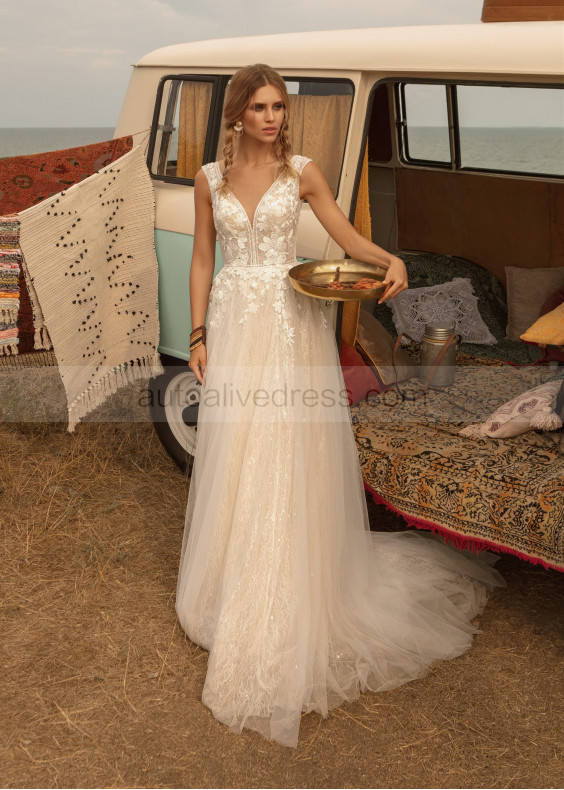 Deep V Neck Ivory Lace Tulle Wedding Dress